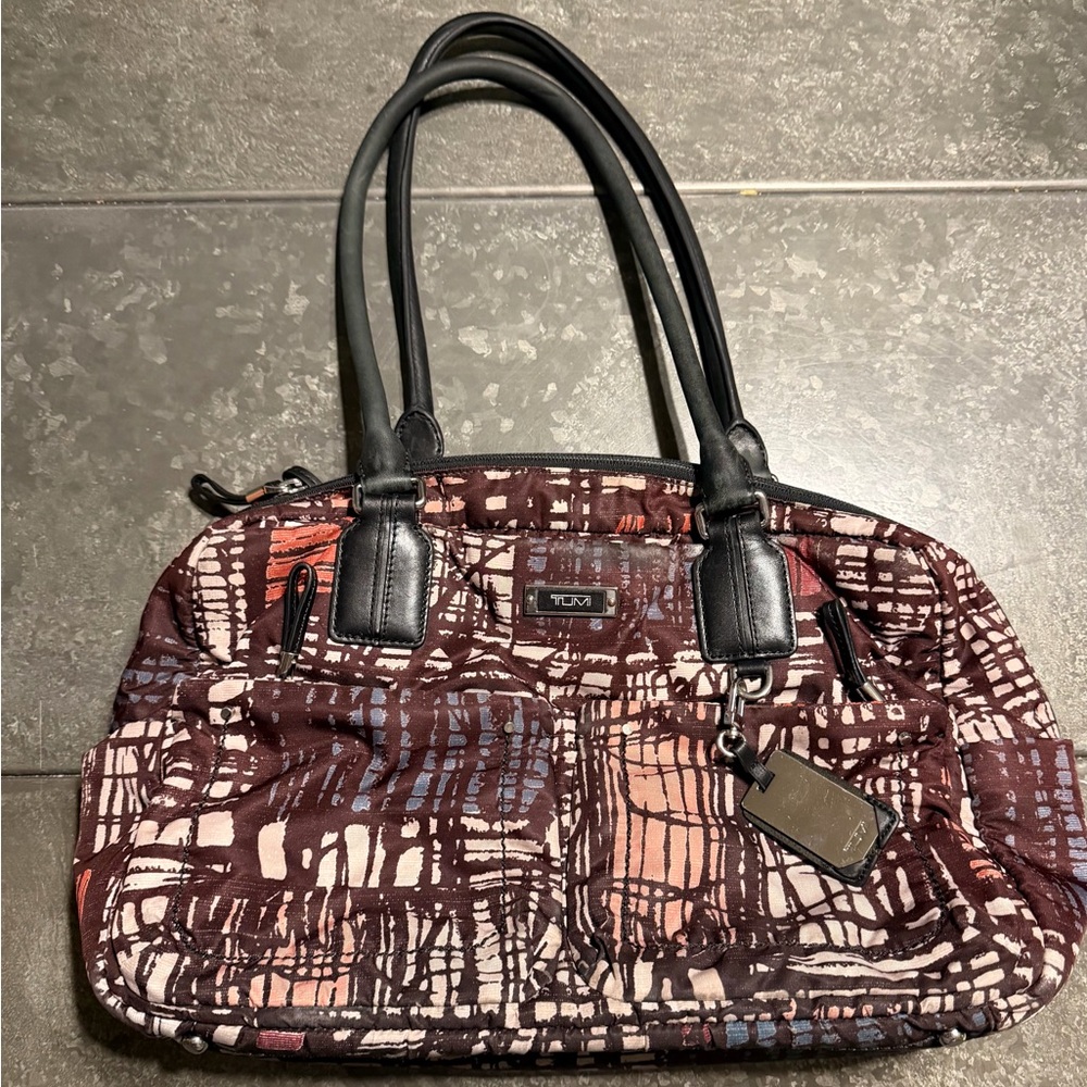 TUMI Abstract Print Tote Travel Bag Nylon & Leather Handles, Trolley Sleeve